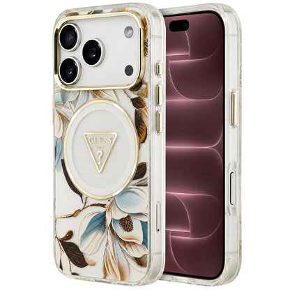 MagSafe-kuori Apple iPhone 18 Pro Max / 17 Pro Max -puhelimelle, Guess, IML Metal Glitter Flowers Triangle, valkoinen