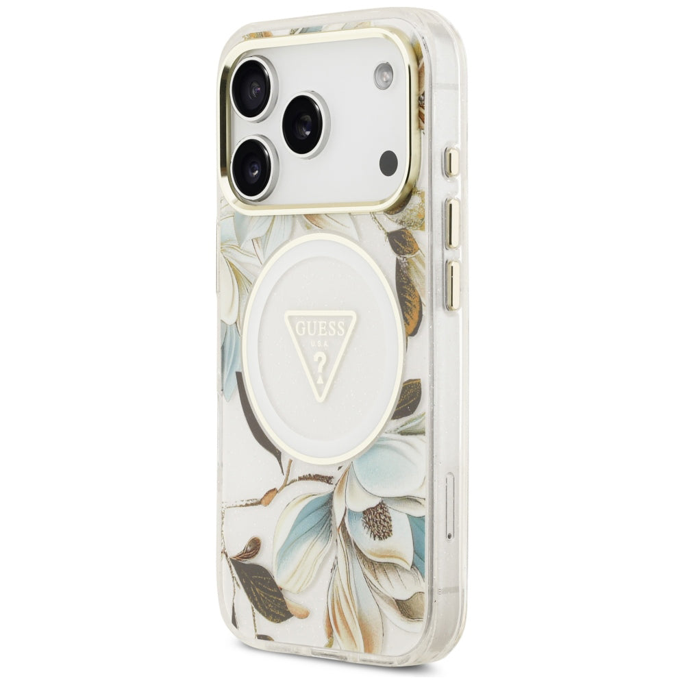 MagSafe-kuori Apple iPhone 18 Pro Max / 17 Pro Max -puhelimelle, Guess, IML Metal Glitter Flowers Triangle, valkoinen