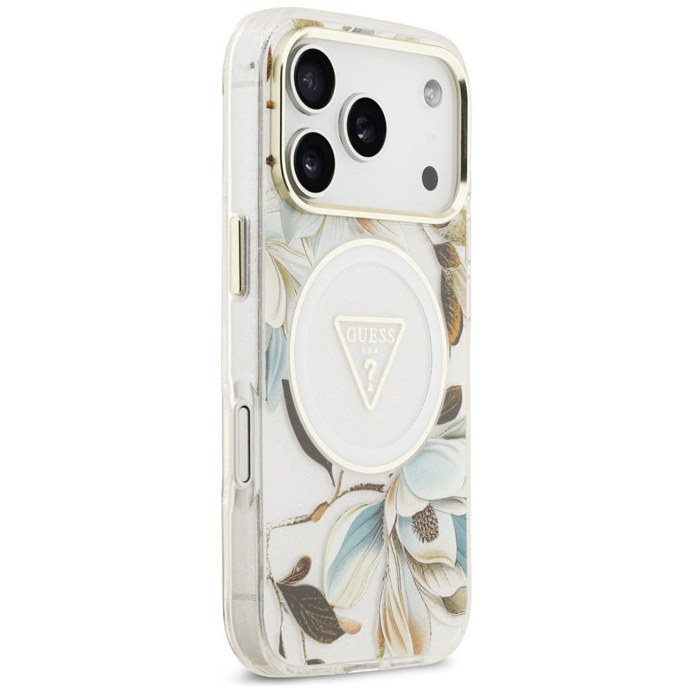 MagSafe-kuori Apple iPhone 18 Pro Max / 17 Pro Max -puhelimelle, Guess, IML Metal Glitter Flowers Triangle, valkoinen