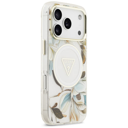 MagSafe-kuori Apple iPhone 18 Pro Max / 17 Pro Max -puhelimelle, Guess, IML Metal Glitter Flowers Triangle, valkoinen