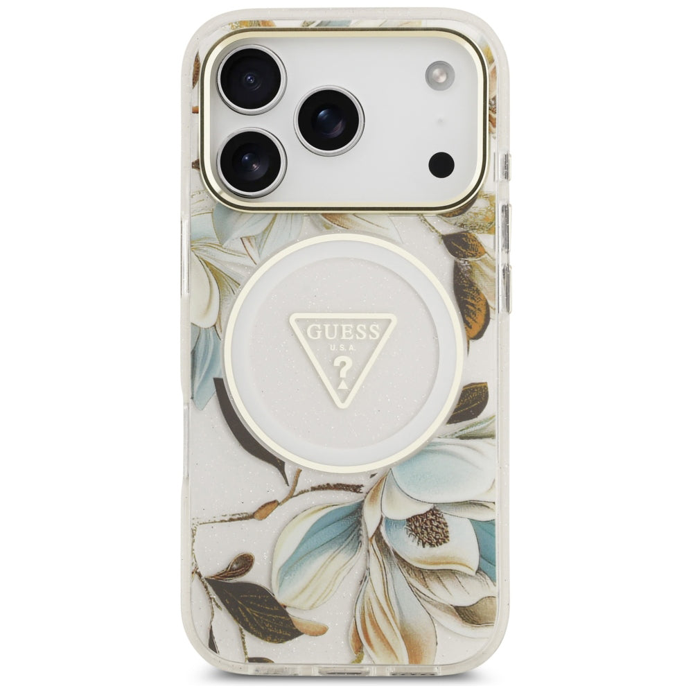 MagSafe-kuori Apple iPhone 18 Pro Max / 17 Pro Max -puhelimelle, Guess, IML Metal Glitter Flowers Triangle, valkoinen