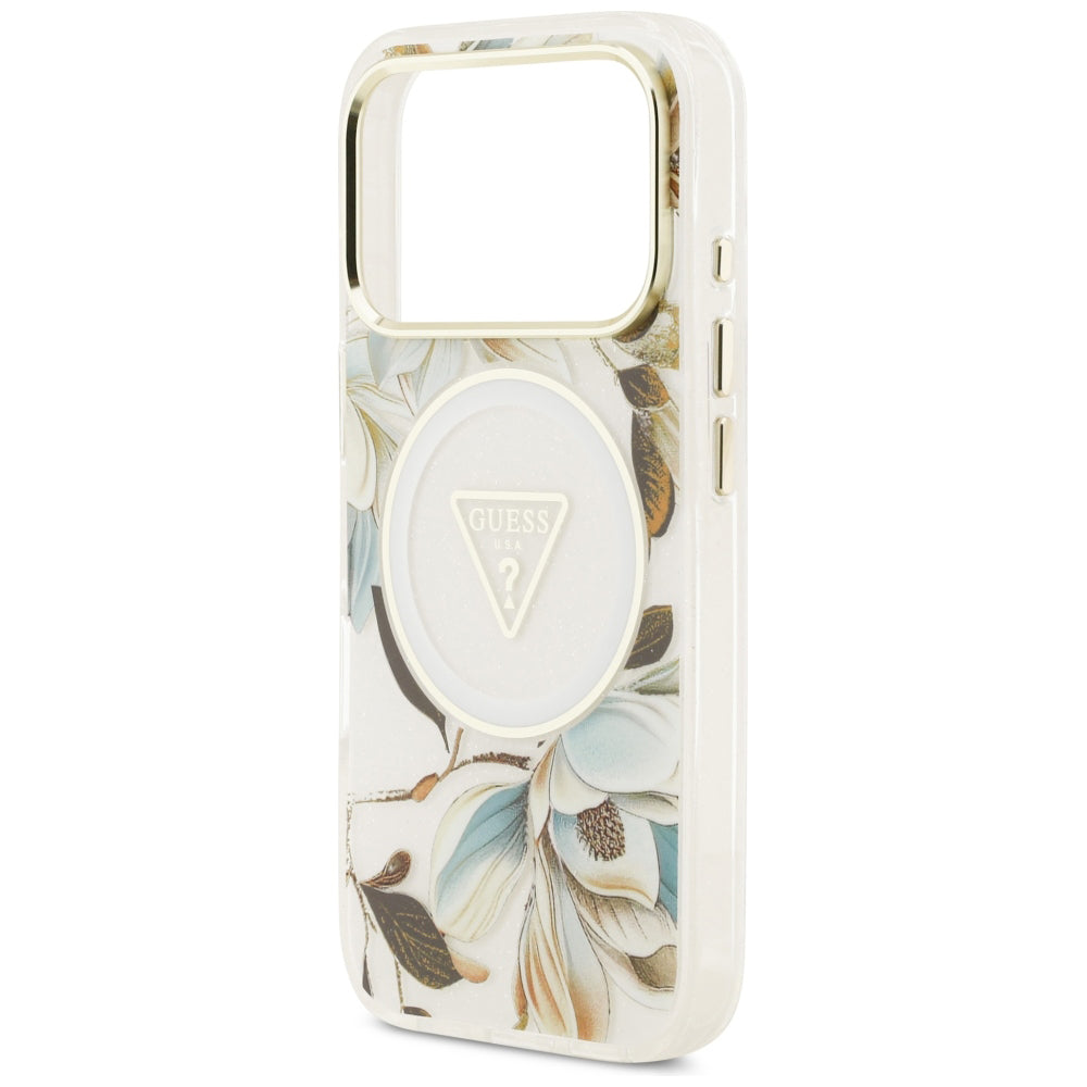 MagSafe-kuori Apple iPhone 18 Pro Max / 17 Pro Max -puhelimelle, Guess, IML Metal Glitter Flowers Triangle, valkoinen