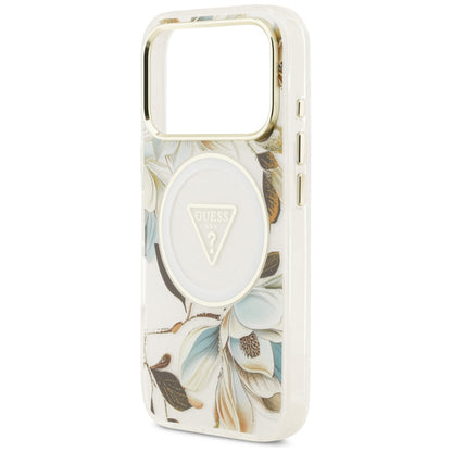 MagSafe-kuori Apple iPhone 18 Pro Max / 17 Pro Max -puhelimelle, Guess, IML Metal Glitter Flowers Triangle, valkoinen