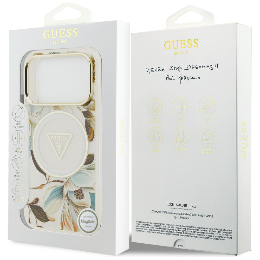 MagSafe-kuori Apple iPhone 18 Pro Max / 17 Pro Max -puhelimelle, Guess, IML Metal Glitter Flowers Triangle, valkoinen
