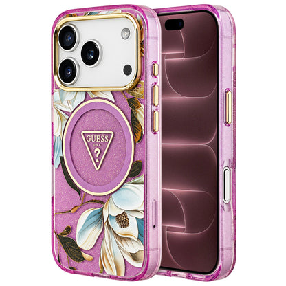 MagSafe-kuori Apple iPhone 18 Pro Max / 17 Pro Max -puhelimelle, Guess, IML Metal Glitter Flowers Triangle, violetti