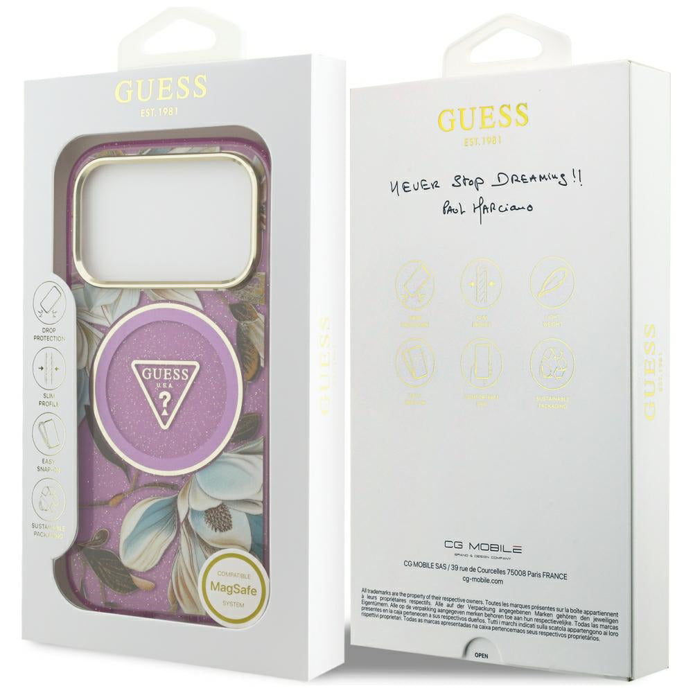 MagSafe-kuori Apple iPhone 18 Pro Max / 17 Pro Max -puhelimelle, Guess, IML Metal Glitter Flowers Triangle, violetti