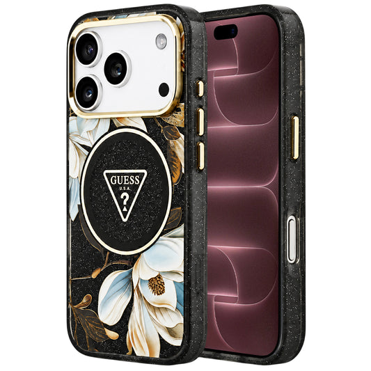 MagSafe-kuori Apple iPhone 18 Pro Max / 17 Pro Max -puhelimelle, Guess, IML Metal Glitter Flowers Triangle, musta