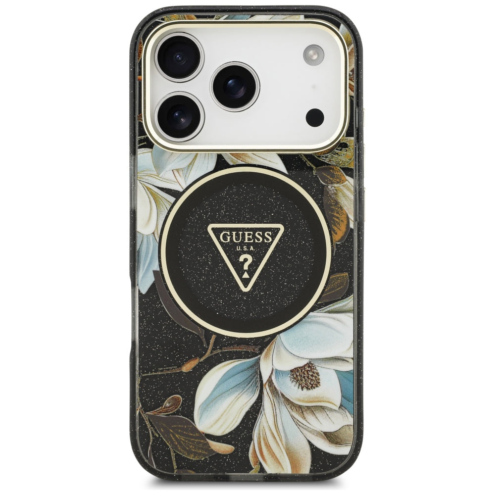 MagSafe Case for Apple iPhone 18 Pro Max / 17 Pro Max, Guess, IML Metal Glitter Flowers Triangle, Black