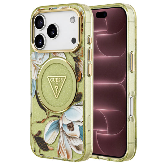 MagSafe-kuori Apple iPhone 18 Pro Max / 17 Pro Max -puhelimelle, Guess, IML Metal Glitter Flowers Triangle, vihreä