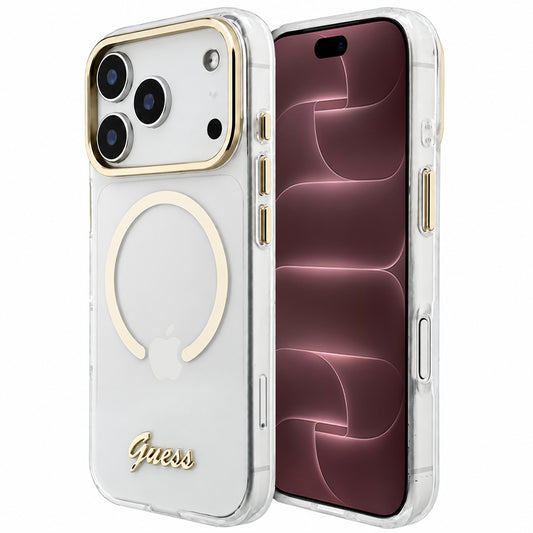 MagSafe-kuori Apple iPhone 18 Pro Max / 17 Pro Max -puhelimelle, Guess, IML Script Metal, läpinäkyvä