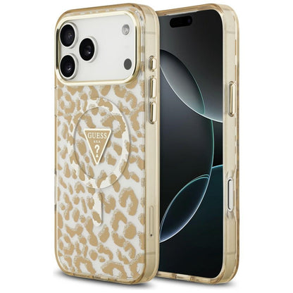 MagSafe-kuori Apple iPhone 18 Pro Max / 17 Pro Max, Guess, Leopard Glitter Triangle Logo, Ruskea