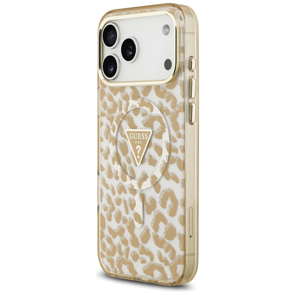 MagSafe-kuori Apple iPhone 18 Pro Max / 17 Pro Max, Guess, Leopard Glitter Triangle Logo, Ruskea