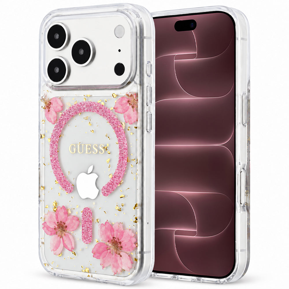 MagSafe-kuori Apple iPhone 18 Pro Max / 17 Pro Max -puhelimelle, Guess, Resin Flowers and Glitter, vaaleanpunainen