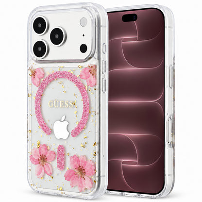MagSafe-kuori Apple iPhone 18 Pro Max / 17 Pro Max -puhelimelle, Guess, Resin Flowers and Glitter, vaaleanpunainen