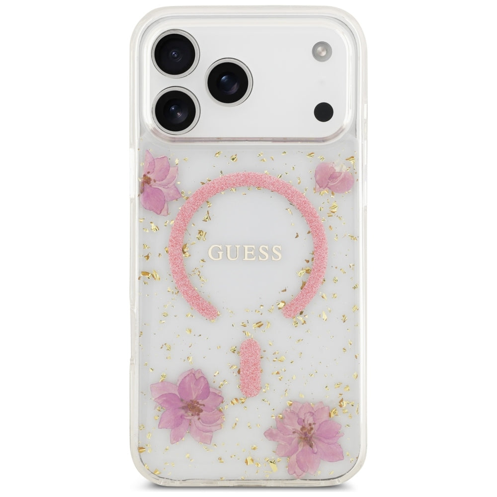 MagSafe-kuori Apple iPhone 18 Pro Max / 17 Pro Max -puhelimelle, Guess, Resin Flowers and Glitter, vaaleanpunainen