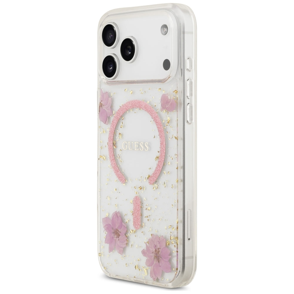 MagSafe-kuori Apple iPhone 18 Pro Max / 17 Pro Max -puhelimelle, Guess, Resin Flowers and Glitter, vaaleanpunainen