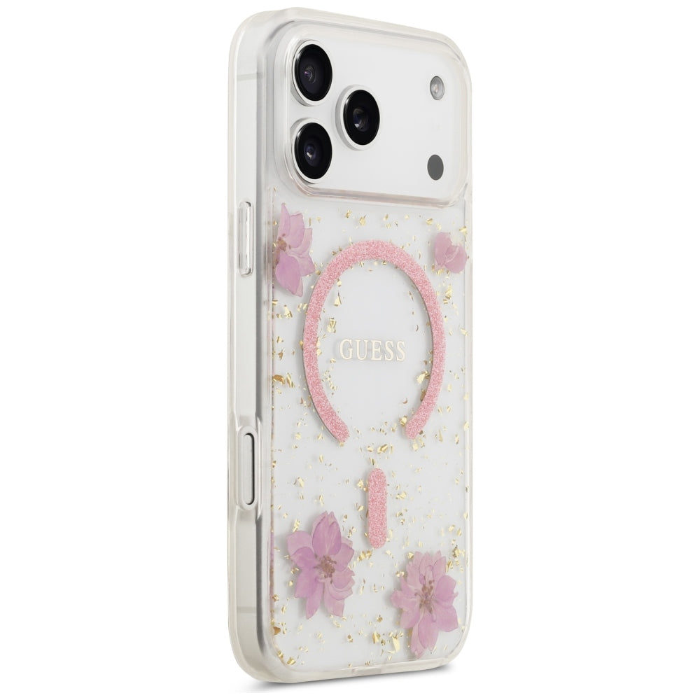 MagSafe-kuori Apple iPhone 18 Pro Max / 17 Pro Max -puhelimelle, Guess, Resin Flowers and Glitter, vaaleanpunainen