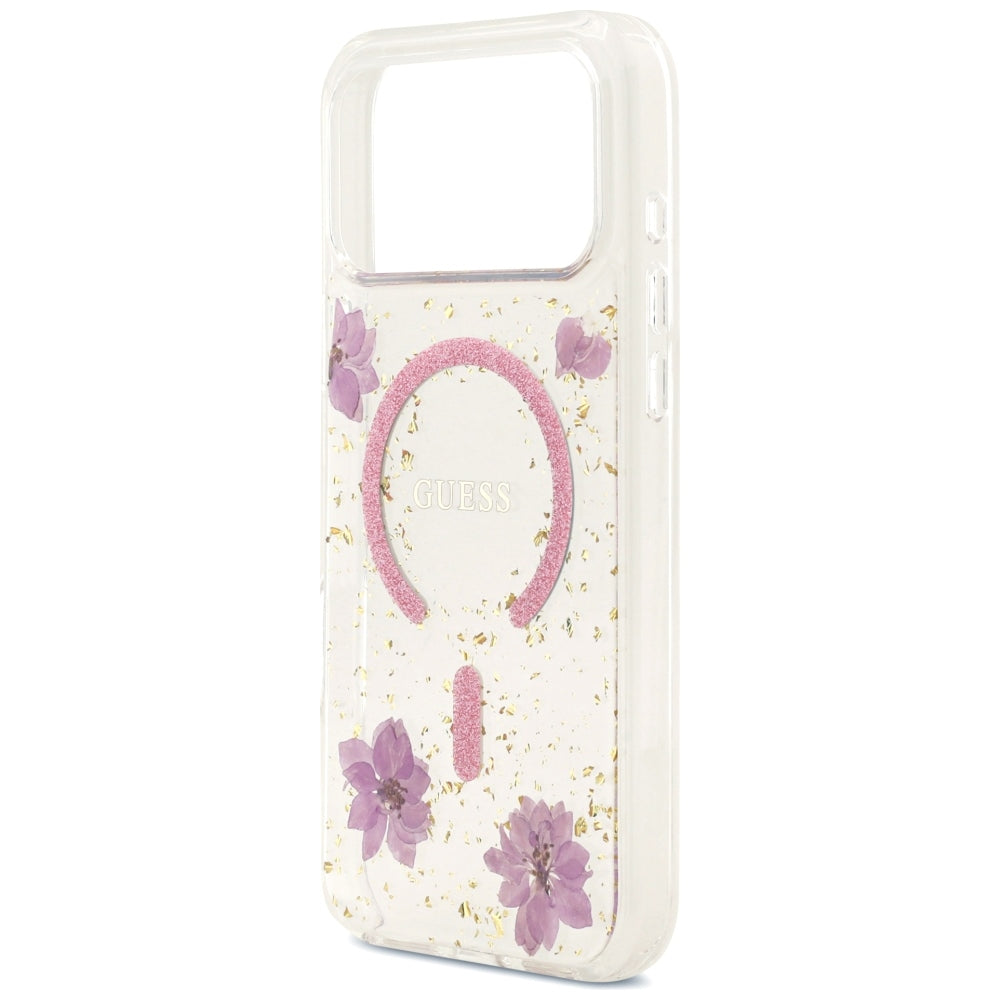 MagSafe-kuori Apple iPhone 18 Pro Max / 17 Pro Max -puhelimelle, Guess, Resin Flowers and Glitter, vaaleanpunainen