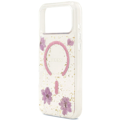 MagSafe-kuori Apple iPhone 18 Pro Max / 17 Pro Max -puhelimelle, Guess, Resin Flowers and Glitter, vaaleanpunainen