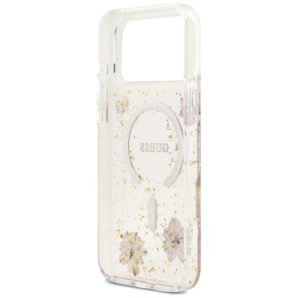 MagSafe-kuori Apple iPhone 18 Pro Max / 17 Pro Max -puhelimelle, Guess, Resin Flowers and Glitter, vaaleanpunainen