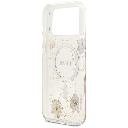 MagSafe-kuori Apple iPhone 18 Pro Max / 17 Pro Max -puhelimelle, Guess, Resin Flowers and Glitter, vaaleanpunainen