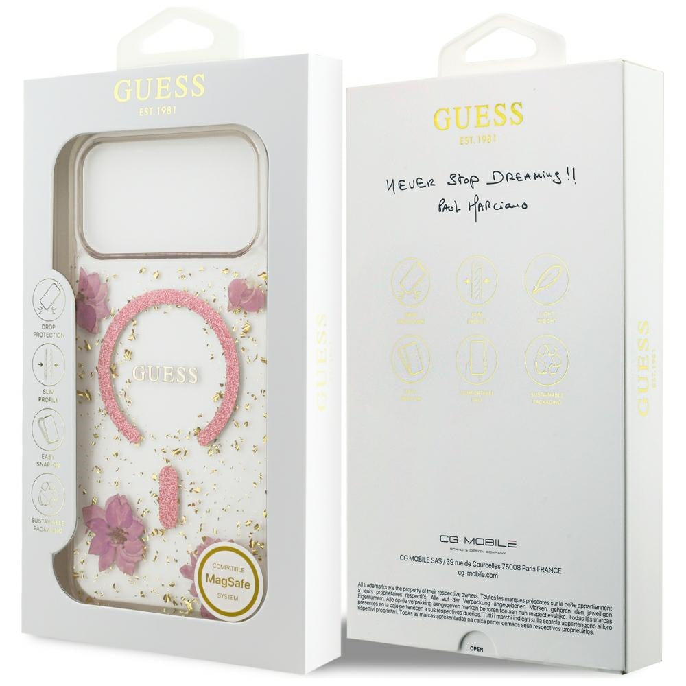 MagSafe-kuori Apple iPhone 18 Pro Max / 17 Pro Max -puhelimelle, Guess, Resin Flowers and Glitter, vaaleanpunainen