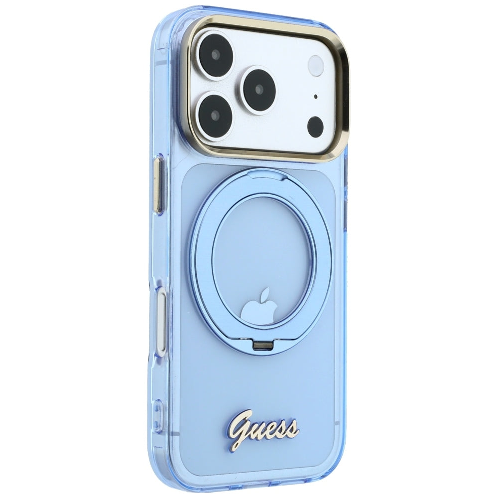 MagSafe Case for Apple iPhone 18 Pro Max / 17 Pro Max, Guess, Ring Stand Script Metal Logo, Blue