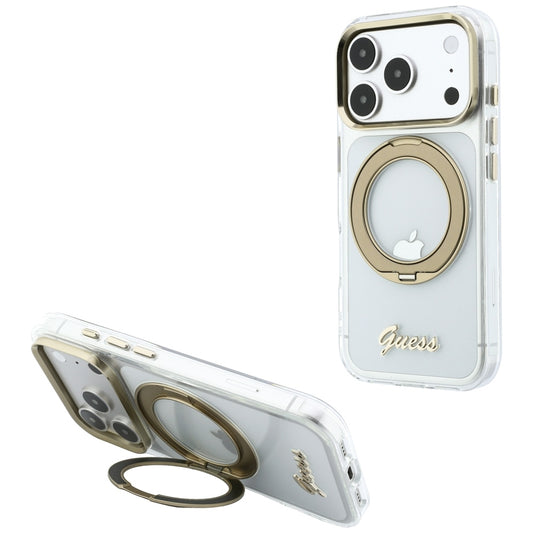 MagSafe-kuori Apple iPhone 18 Pro Max / 17 Pro Max, Guess, Ring Stand Script Metallilogo, Läpinäkyvä