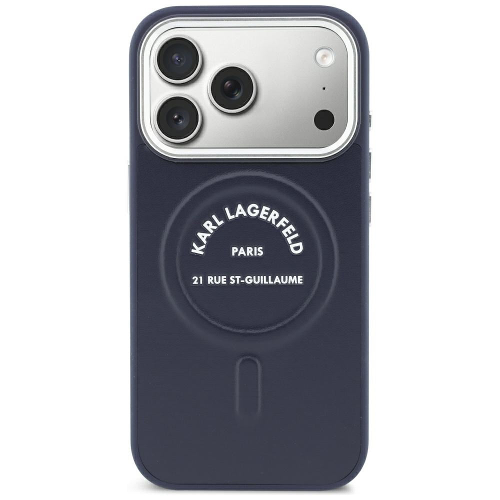MagSafe-kuori Apple iPhone 18 Pro Max / 17 Pro Max -puhelimelle, Karl Lagerfeld, kohokuvioitu avoin rengas ja RSG-logo, sininen