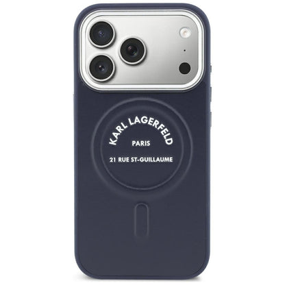 MagSafe-kuori Apple iPhone 18 Pro Max / 17 Pro Max -puhelimelle, Karl Lagerfeld, kohokuvioitu avoin rengas ja RSG-logo, sininen