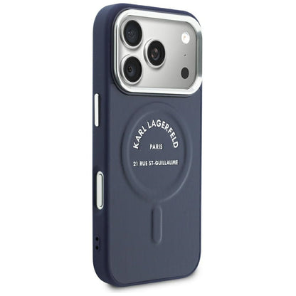 MagSafe-kuori Apple iPhone 18 Pro Max / 17 Pro Max -puhelimelle, Karl Lagerfeld, kohokuvioitu avoin rengas ja RSG-logo, sininen