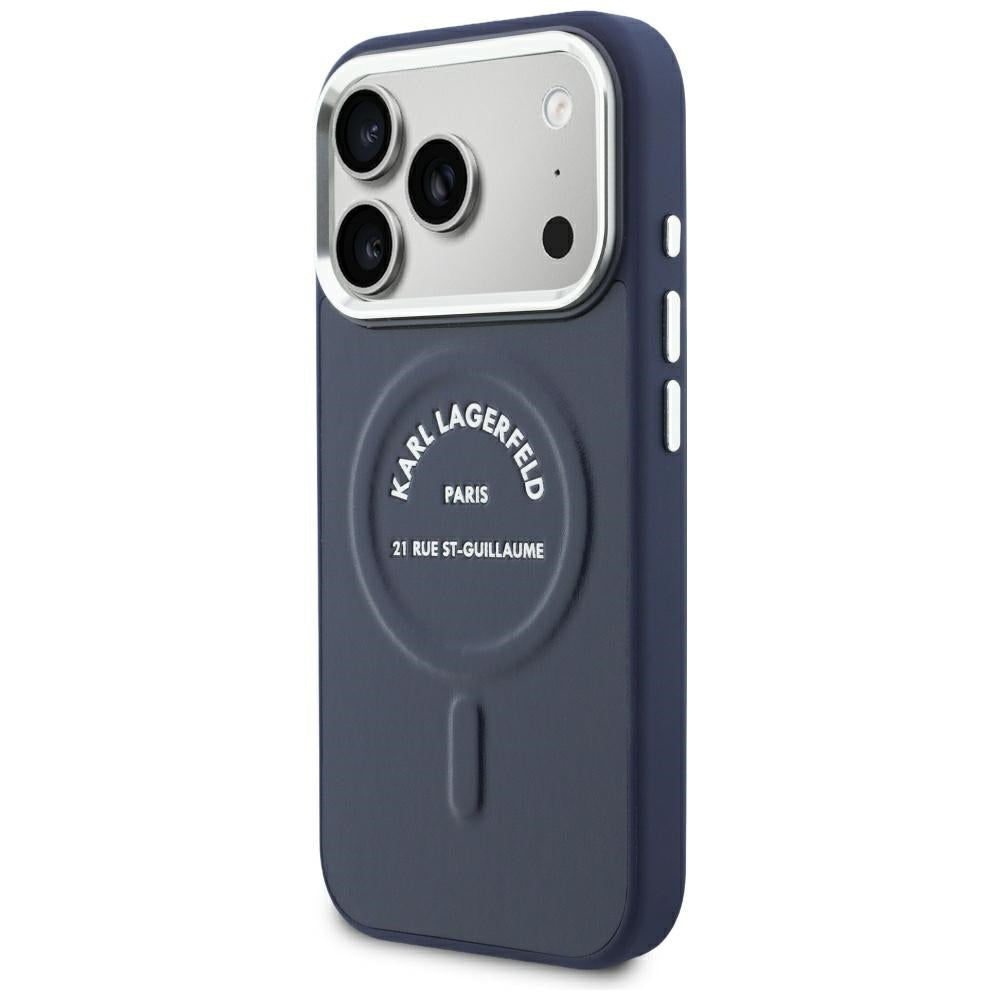 MagSafe-kuori Apple iPhone 18 Pro Max / 17 Pro Max -puhelimelle, Karl Lagerfeld, kohokuvioitu avoin rengas ja RSG-logo, sininen