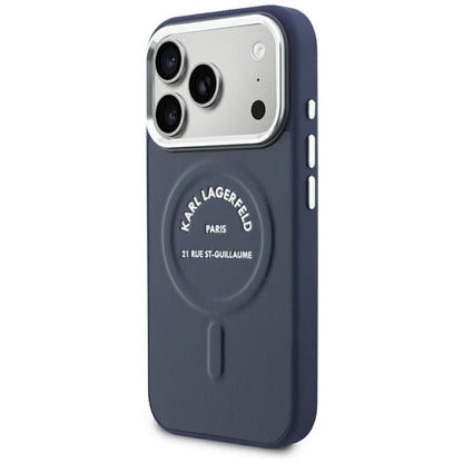 MagSafe-kuori Apple iPhone 18 Pro Max / 17 Pro Max -puhelimelle, Karl Lagerfeld, kohokuvioitu avoin rengas ja RSG-logo, sininen