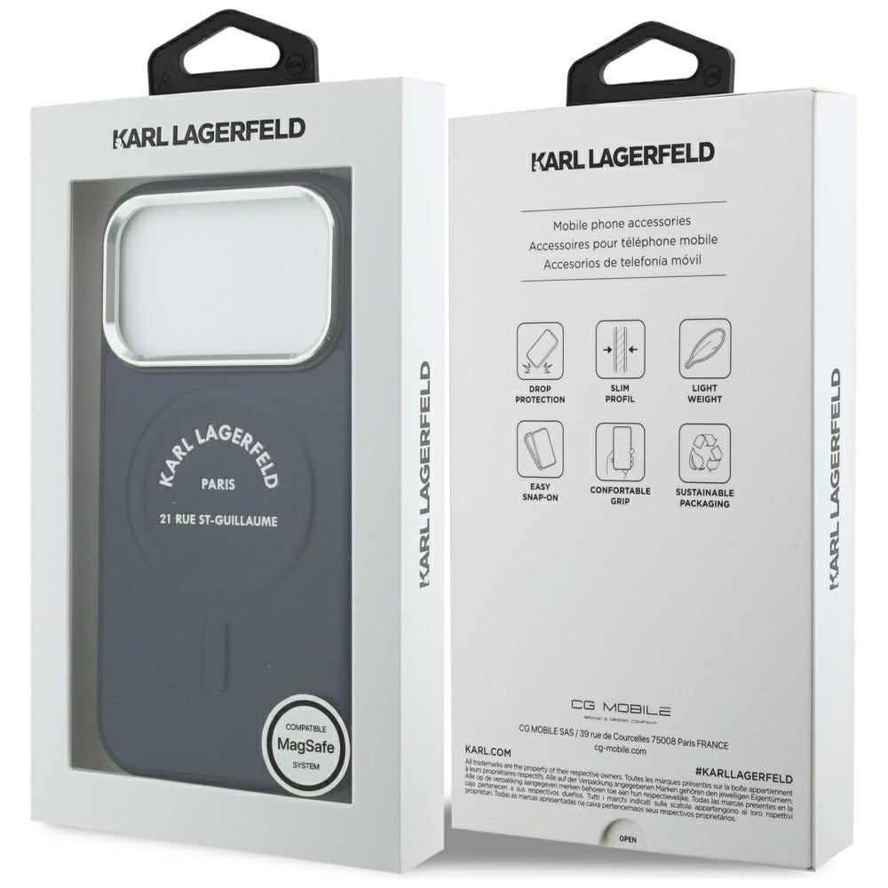 MagSafe-kuori Apple iPhone 18 Pro Max / 17 Pro Max -puhelimelle, Karl Lagerfeld, kohokuvioitu avoin rengas ja RSG-logo, sininen