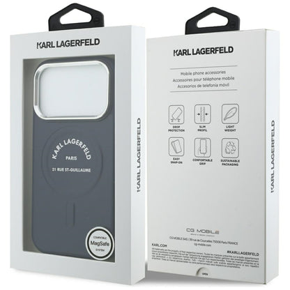 MagSafe-kuori Apple iPhone 18 Pro Max / 17 Pro Max -puhelimelle, Karl Lagerfeld, kohokuvioitu avoin rengas ja RSG-logo, sininen