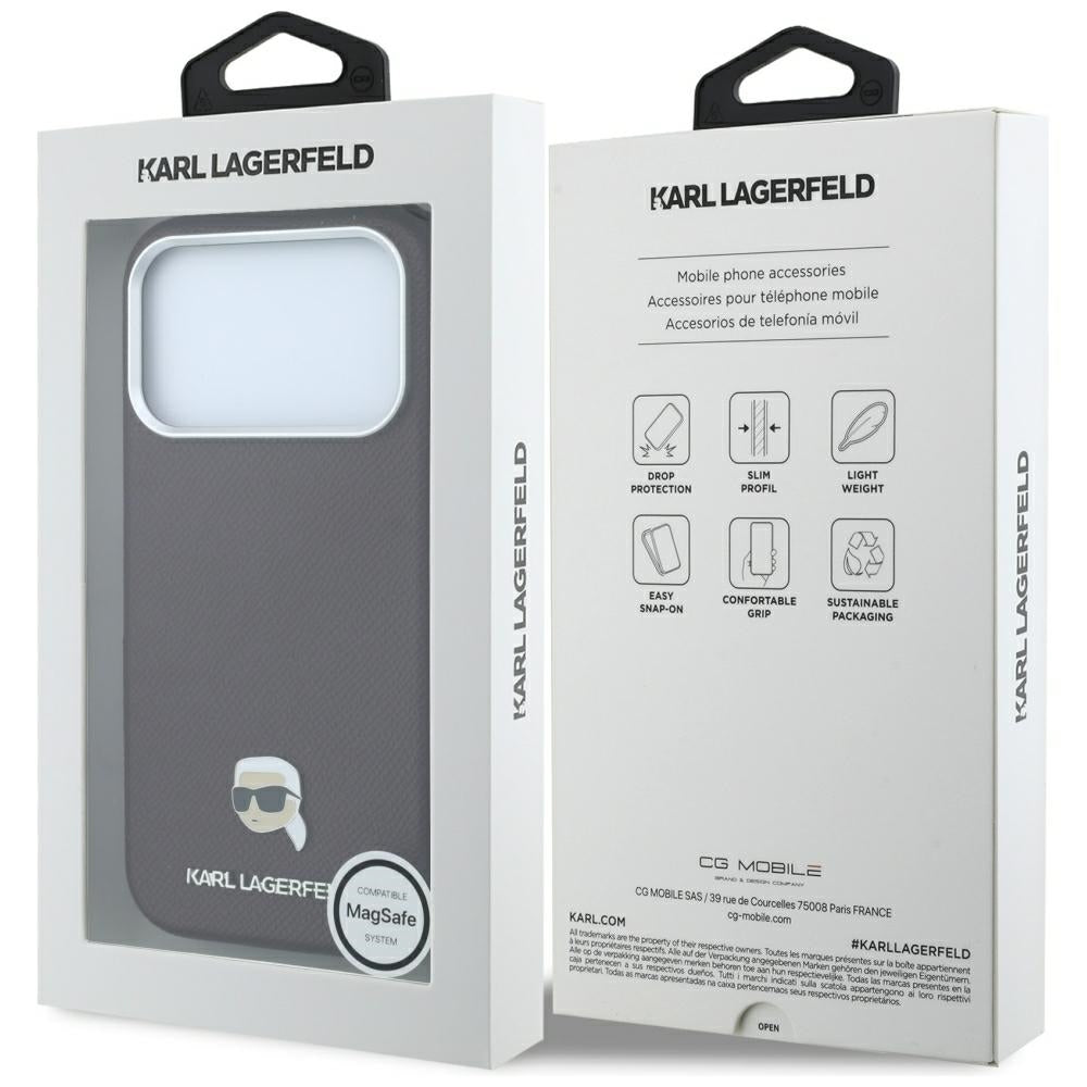 MagSafe Case for Apple iPhone 18 Pro Max / 17 Pro Max, Karl Lagerfeld, Grained Karl Head's Metal, Burgundy