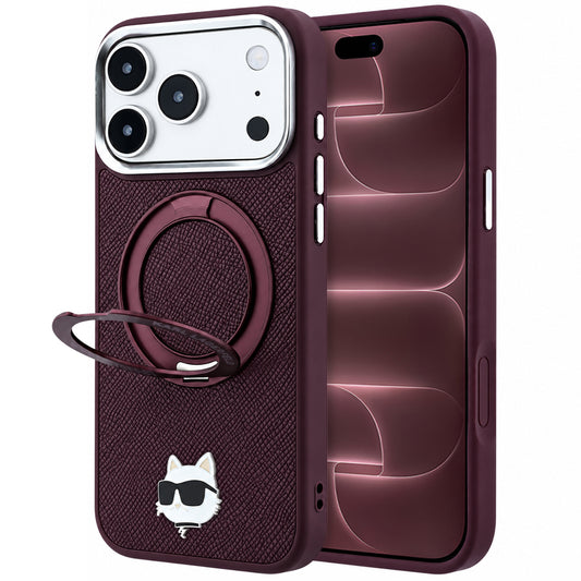 MagSafe-kuori Apple iPhone 18 Pro Max / 17 Pro Max, Karl Lagerfeld, Saffiano Ring Stand 360 Choupette Pin, Viininpunainen