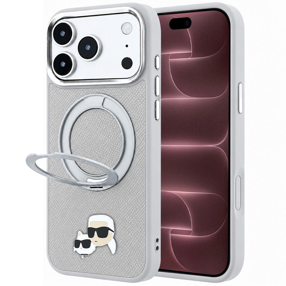 MagSafe-kuori Apple iPhone 18 Pro Max / 17 Pro Max -puhelimelle, Karl Lagerfeld, Ring Stand 360 Karl & Choupette Pin, harmaa