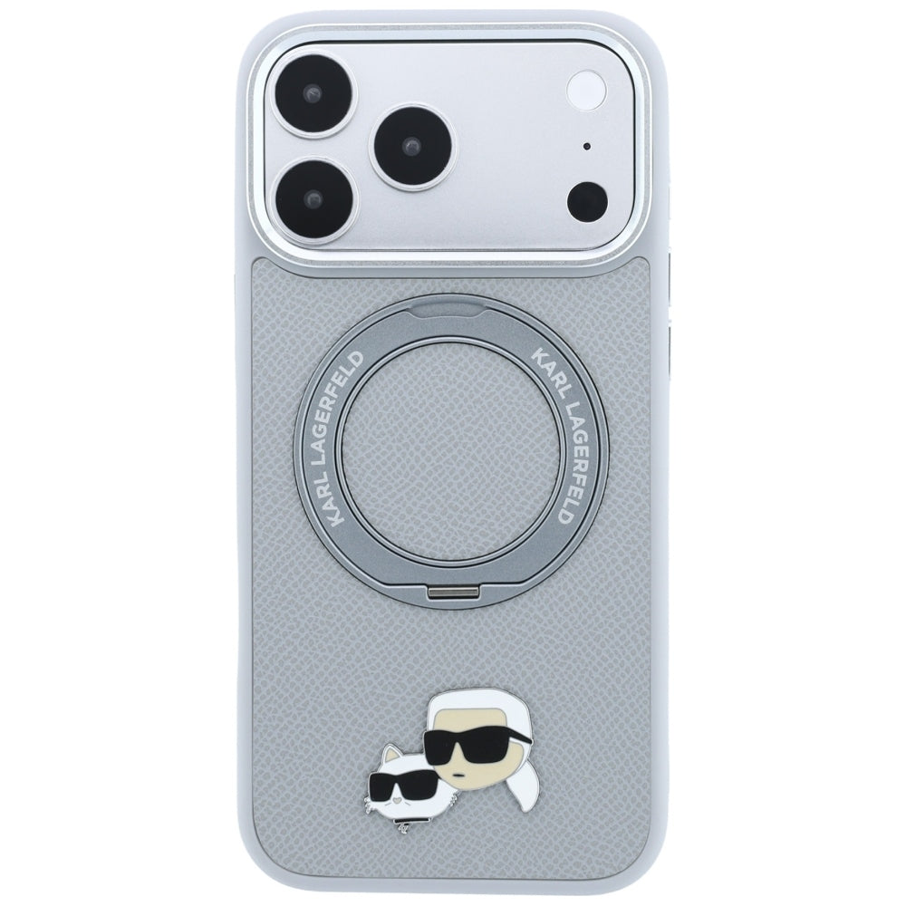 MagSafe-kuori Apple iPhone 18 Pro Max / 17 Pro Max -puhelimelle, Karl Lagerfeld, Ring Stand 360 Karl & Choupette Pin, harmaa