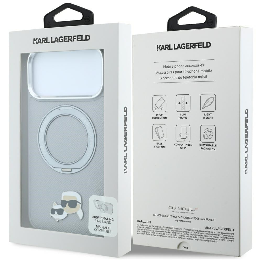MagSafe-kuori Apple iPhone 18 Pro Max / 17 Pro Max -puhelimelle, Karl Lagerfeld, Ring Stand 360 Karl & Choupette Pin, harmaa