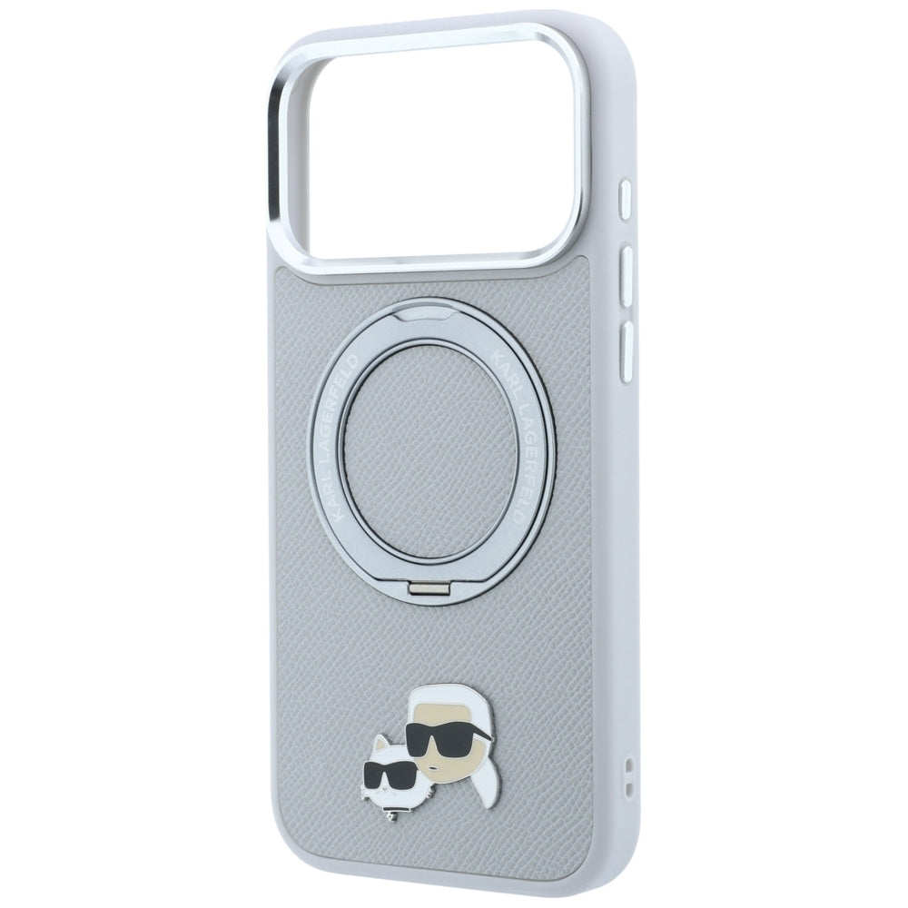 MagSafe-kuori Apple iPhone 18 Pro Max / 17 Pro Max -puhelimelle, Karl Lagerfeld, Ring Stand 360 Karl & Choupette Pin, harmaa