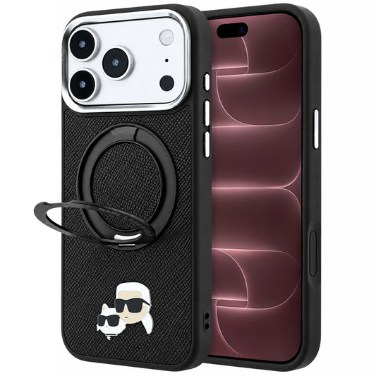 MagSafe-kuori Apple iPhone 18 Pro Max / 17 Pro Max, Karl Lagerfeld, Ring Stand 360 Karl & Choupette -pinssi, Musta