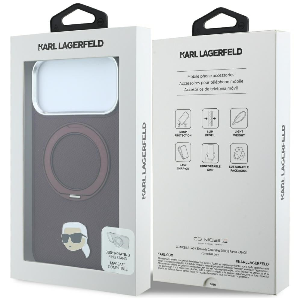 MagSafe Case for Apple iPhone 18 Pro Max / 17 Pro Max, Karl Lagerfeld, Ring Stand 360 Karl Pin, Burgundy
