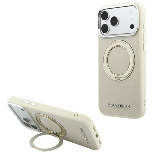 MagSafe-kuori Apple iPhone 18 Pro Max / 17 Pro Max -puhelimelle, Karl Lagerfeld, Ring Stand 360 Saffiano, beige