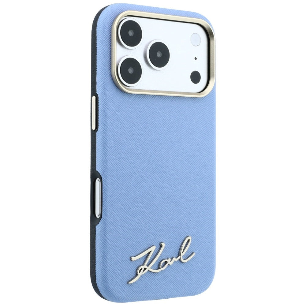 MagSafe Case for Apple iPhone 18 Pro Max / 17 Pro Max, Karl Lagerfeld, Saffiano Small Script Metal Logo, Blue