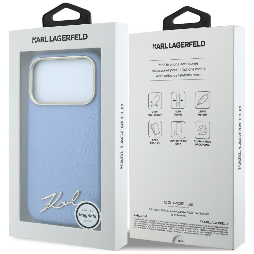 MagSafe Case for Apple iPhone 18 Pro Max / 17 Pro Max, Karl Lagerfeld, Saffiano Small Script Metal Logo, Blue