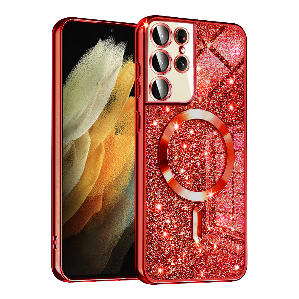 MagSafe-kuori Samsung Galaxy S21 Ultra 5G G998:lle, Techsuit, Luxury Glitter, Punainen