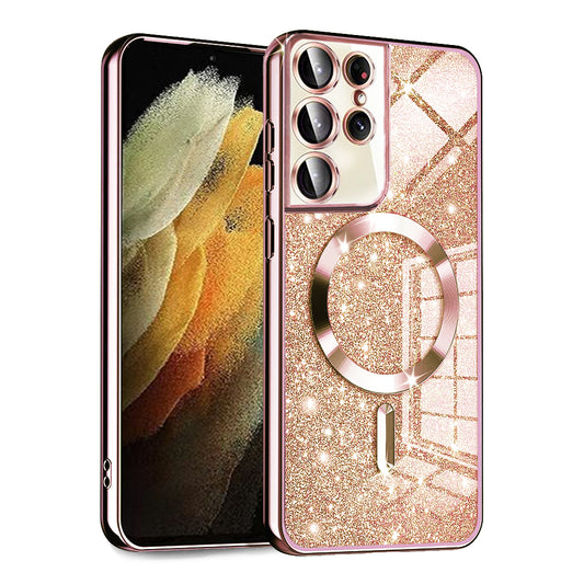 MagSafe-kuori Samsung Galaxy S21 Ultra 5G G998:lle, Techsuit, Luxury Glitter, vaaleanpunainen kulta