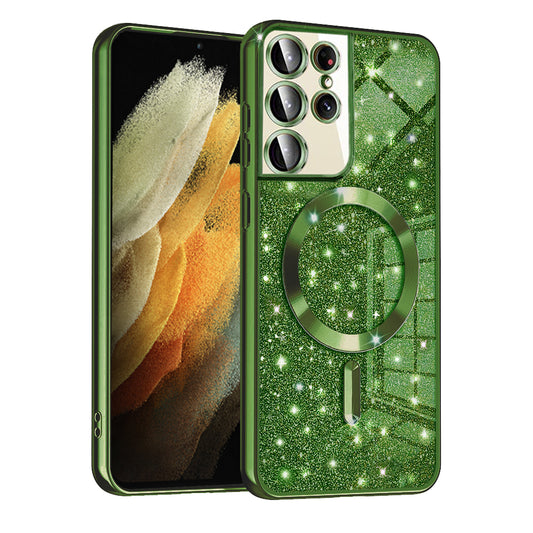 MagSafe-kuori Samsung Galaxy S21 Ultra 5G G998:lle, Techsuit, Luxury Glitter, Tummanvihreä