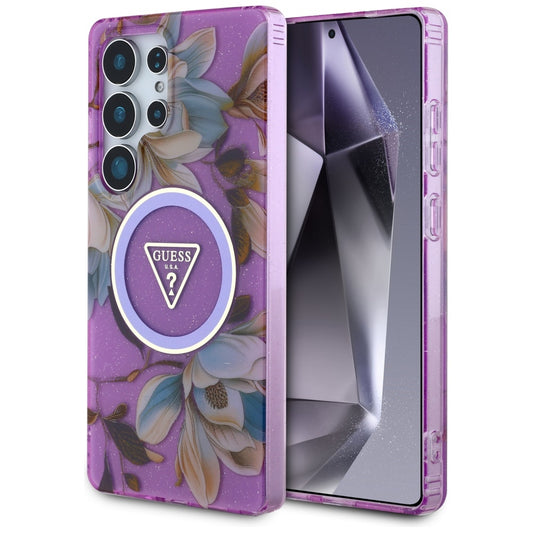 MagSafe Case for Samsung Galaxy S25 Ultra S938, Guess, IML Metal Glitter Flowers Triangle, Purple